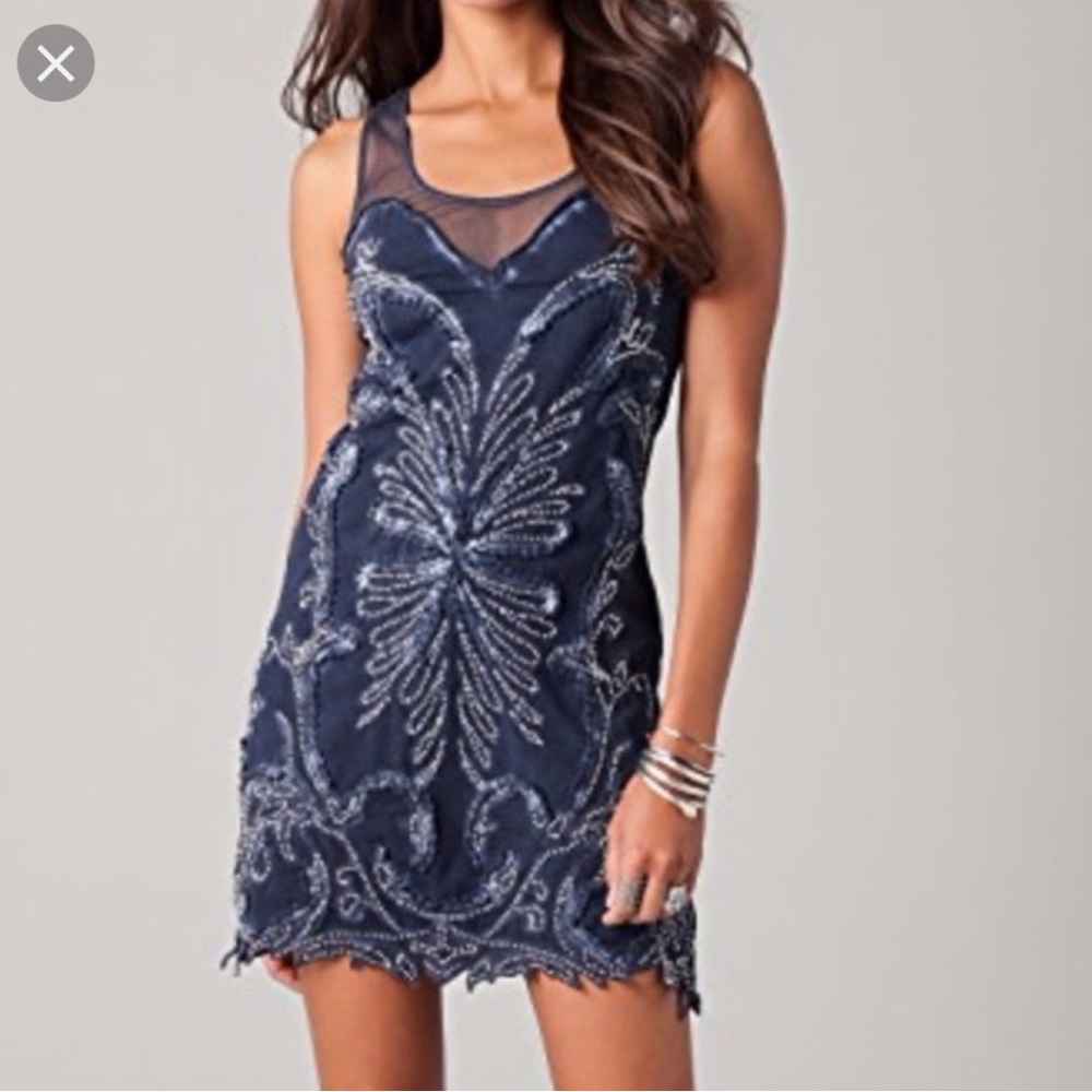 Free People Ice Ice Beaded Navy Blue Sleeveless Dress